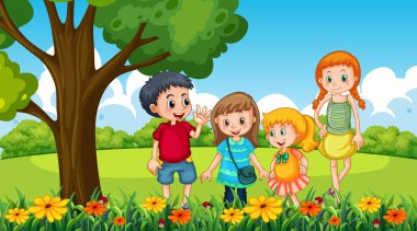 Bahçedeki resimde birçok çocuğun olduğu park sahnesi