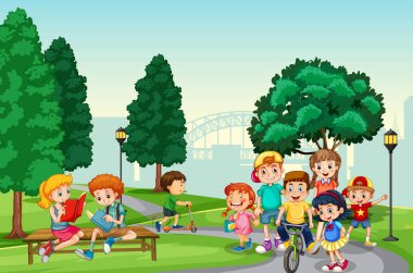 Çocuklar park sahnesindeki etkinliklerinin keyfini çıkarıyorlar.