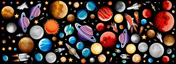 宇宙イラストに多くの惑星を持つ背景デザイン — ストックベクタ