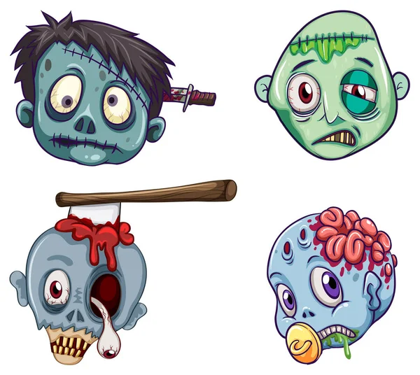 Illustration Huvuden Zombies Vit Bakgrund — Stock vektor