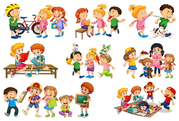 Set Different Kid Playing Toys Cartoon Character Isolated White Background — Stock Vector