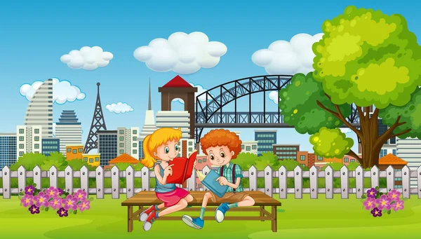 Scène Avec Deux Enfants Lisant Livre Dans Parc Illustration — Image vectorielle