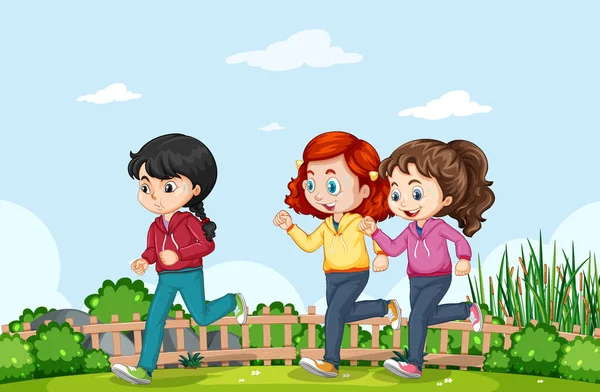 Scène Plein Air Avec Nombreux Enfants Jogging Dans Illustration Parc — Image vectorielle