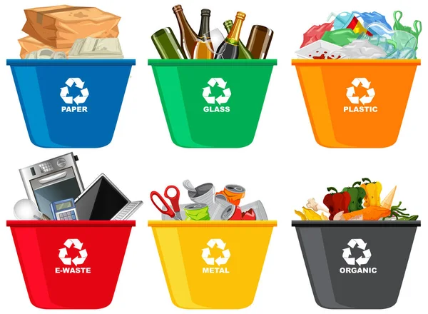 Caixas Reciclagem Coloridas Com Símbolo Reciclagem Isolado Ilustração Fundo Branco — Vetor de Stock