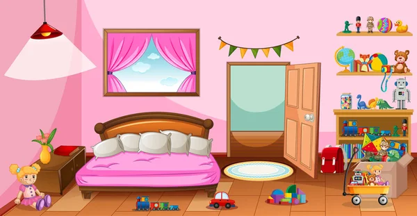 Many Toys Pink Bedroom Scene Illustration — Stock Vector