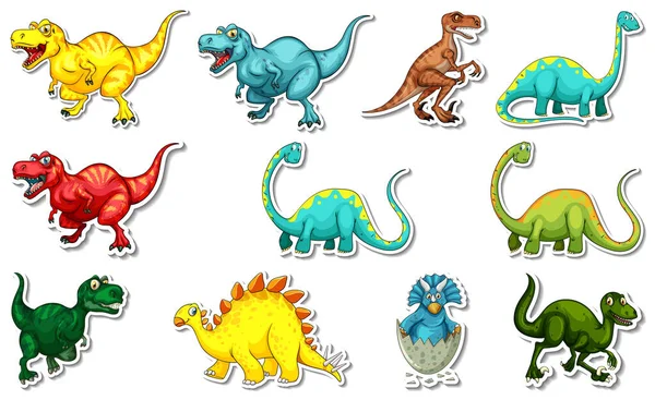 Etiqueta Engastada Con Diferentes Tipos Dinosaurios Personajes Dibujos Animados Ilustración — Vector de stock