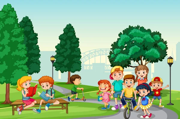 子供たちは公園のシーンのイラストで彼らの活動を楽しむ — ストックベクタ