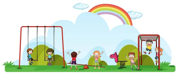 Glückliche Kinder Spielen Auf Spielplatz Illustration — Stockvektor