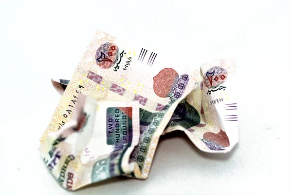 Foco Seletivo Dinheiro Egípcio Amassado 200 Duzentas Libras Isoladas Fundo — Fotografia de Stock