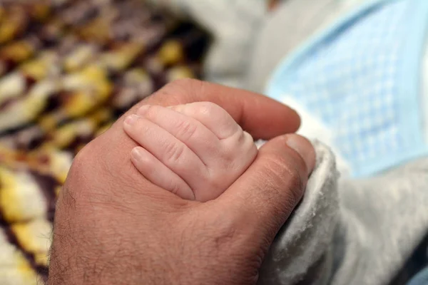 Selective Focus Father Hand His Newborn Hand Together Family Care — Stock Photo, Image