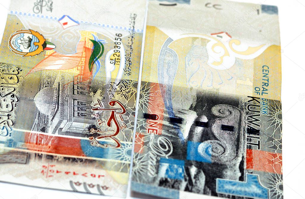  one Kuwaiti dinar bill banknote 1 KWD with Illustration of many influences of Ancient Greek Civilization in Kuwait Failaka Island and the grand mosque and a bateel dhow ship isolated on white