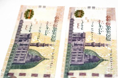 200 LE 200 Mısırlı banknot, ters tarafta Qani-Bay Kahire camiinin görüntüsü var, beyaz arka planda izole edilmiş, Arapça metnin tercümesi (Mısır merkez bankası, 200 pound))