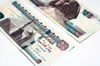 100 LE 100 Mısırlı banknot seçici odak, ters tarafta Sultan Hasan Camii Kahire 'nin görüntüsü var, Mısır. Ters tarafta beyaz arkaplanda izole edilmiş bir Sfenks resmi var