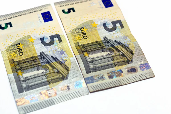 Baksidan Fem Eurosedlar Europeiska Unionens Valuta Med Klassisk Stil Arkitektur — Stockfoto