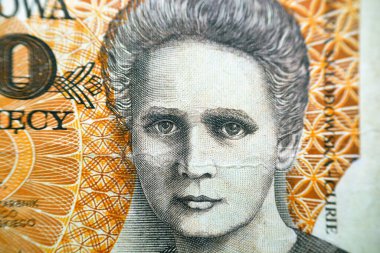 Maria (Marie) Skodowska Curie 'nin portresi 20.000' in ters tarafından 20 bin eski Polonya Zlotych banknot para birimi 1989, eski Polonya Zloti parası, Polonya, antika antika