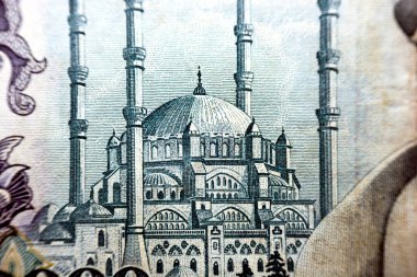 Edirne 'deki kubbesi ve minareleri ile birlikte Selimiye Camii' nin görüntüsü, Türkiye Bankası 'nın 1989 yılı 10 bin lira banknot para birimi, eski para, eski antika retro.
