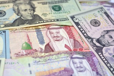 Suudi Arabistan 'ın 100 Suudi Riyali, 5 Suudi Riyali, Suudi Arabistan parası ve Amerikan doları döviz kurlarıyla 20 dolar ve 5 dolar.