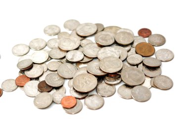 Çeyrek dolar, sent ve bir dolar para, antika retro, Amerika Birleşik Devletleri para birimi beyaz arka planda izole