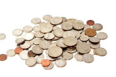 Çeyrek dolar, sent ve bir dolar para, antika retro, Amerika Birleşik Devletleri para birimi beyaz arka planda izole