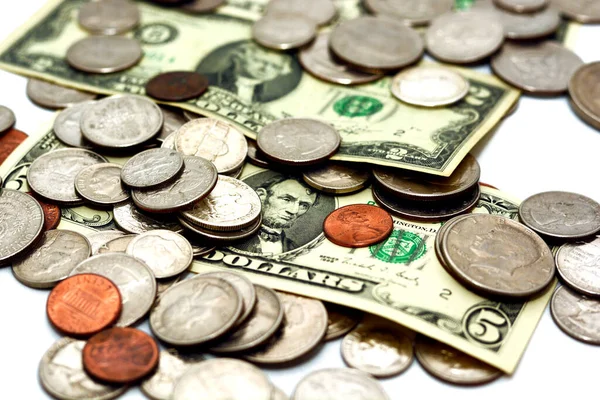 Háttér Régi Amerikai Pénz Bankjegyek Érmék Pénznem Különböző Bankjegyek Érmék — Stock Fotó