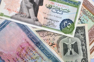 Seçici bir odak noktası olan eski Mısır para banknotları koleksiyonu, çeyrek pound, yarım Mısır sterlini ve bir pound. Mısır eski para birimi, antika antika, eski Mısır para banknotları