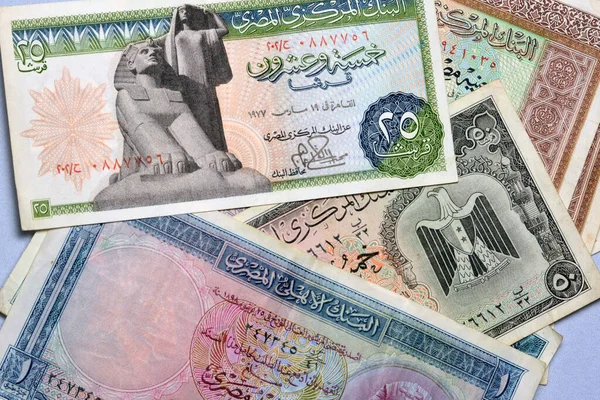 Colección Billetes Dinero Egipcio Edad Enfoque Selectivo Cuarto Libra Medio — Foto de Stock