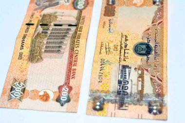 Birleşik Arap Emirlikleri 'nin 200 AED Dirhams banknotu, ters tarafta Zayed Spor Şehri Stadyumu ve Şeriat Binası, ters tarafta BAE Merkez Bankası ve şahin görüntüsü var.