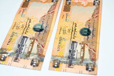 Zayed Spor Şehri Stadyumu ve Şeriat Adliyesi binasının yer aldığı Birleşik Arap Emirlikleri 'nin 200 Dirhem banknotunun gözlemci tarafı Emirates para banknotunu beyaza izole etti.