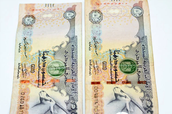 阿拉伯联合酋长国50枚德哈姆钞票的背面 刻有阿拉伯大羚羊的特征 代表该国致力于保护其被隔离在白色土地上的本土野生动物 — 图库照片