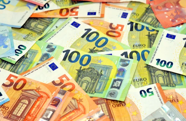 Sullo Sfondo Mucchio Diverse Banconote Euro 100 Banconote 100 Euro — Foto Stock