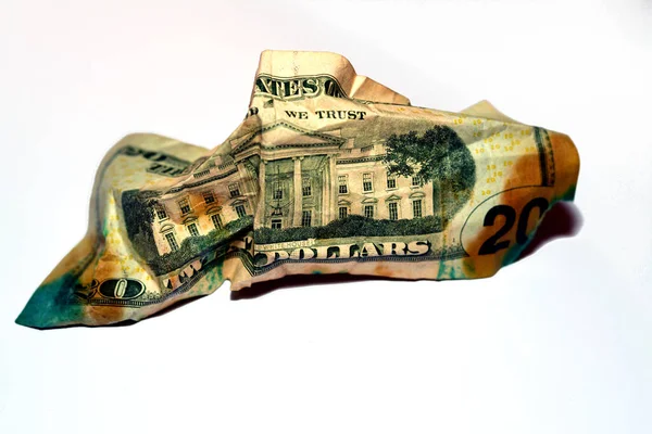 Foco Seletivo Dinheiro Americano Reverso Amassado Vinte Dólares Fatura Isolada — Fotografia de Stock