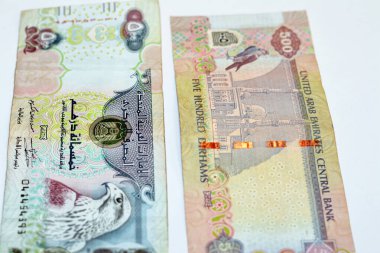 Emirlik parası, Arapça metin çevirisi (500 AED 500 Dirhem Birleşik Arap Emirlikleri banknotu), Atmaca, Şahin ve Jumeirah camisi ile Emirlik para banknotları beyaz üzerine izole