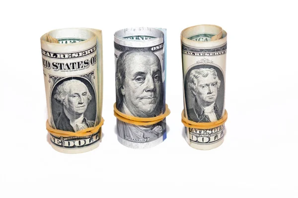 Куча Американских Долларовых Рулонов Выделенных Белом Фоне Банкноты Деньгами Сша — стоковое фото