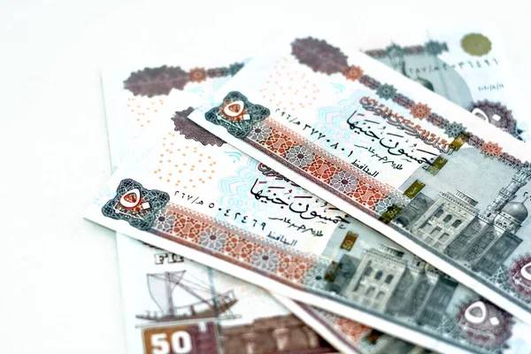 Pile Egyptian Money Banknotes Fifty Pounds Features Abu Hurayba Mosque — Stock Photo, Image