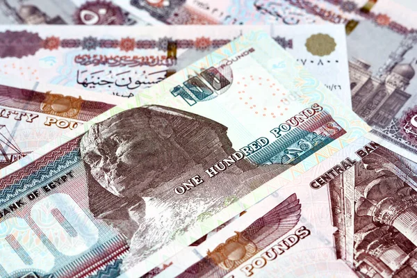 100 LE, 50 LE 'lik Mısır para banknotları yığını, 100 Pound ve 50 Pound' luk yığının seçici odak noktası Sultan Hassan, Abu Hurayba camileri, Sfenks ve Edfu Tapınağı 'dır.