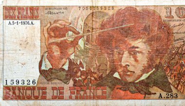 Fransa Bankası 'nın 10 franklık banknotunun ters tarafının büyük bir kısmı Louis Hector Berlioz' un portresi, eski Fransız parası, antika antika retro, işlenmemiş