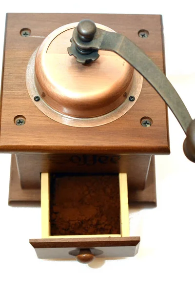 Een Bovenaanzicht Van Een Handmatige Koffiebrandermolen Met Vanglade Kegelvormige Braam — Stockfoto