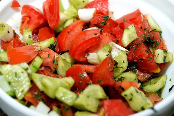 Traditional Arabic Green Salad Slices Cucumber Tomatoes Green Onion Mixed Stock Picture