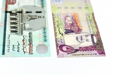 Suudi Arabistan 'ın ters tarafları 5 riyal banknotu ve 5 LE 5 Mısır sterlini Mısır ve Suudi para bozdurma oranının seçici odak noktası beyaz arka planda izole edilmiş.