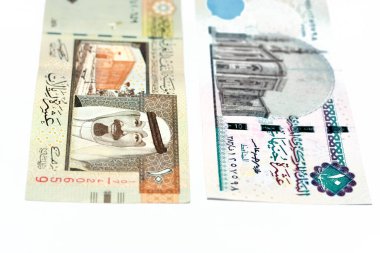 Eski bir Suudi Arabistan 'ın gözlemci tarafları 10 riyal banknot 10 LE on Mısır sterlin banknotu beyaz arka planda izole, Mısır ve Suudi para döviz kuru seçici odak