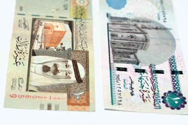 Eski bir Suudi Arabistan 'ın gözlemci tarafları 10 riyal banknot 10 LE on Mısır sterlin banknotu beyaz arka planda izole, Mısır ve Suudi para döviz kuru seçici odak
