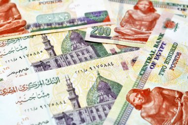 200 LE 200 Pound para banknotları serisi 2021 ters Qani-Bay cami ve ters tarafta oturan katip, seçici Mısır nakit para banknotları odaklı