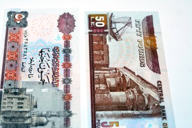 50 LE 50 Pound serisi 2012 Mısır para banknotları Ebu Hurayba Camii ters ve Edfu tapınağı görüntüsü, kanatlı böcek ve beyaz üzerinde izole edilmiş bir firavun teknesi içerir.