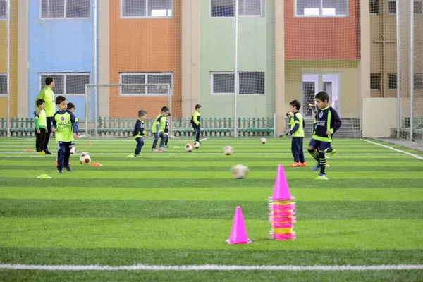 2018年2月3日 埃及开罗 一群幼儿运动员在足球比赛前在足球场上锻炼 为孩子们提供足球训练以提高技能 开展足球教育 — 图库照片