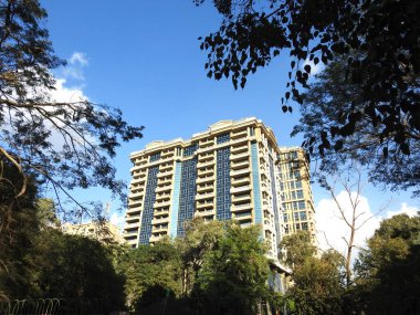 Mısır 'da ağaçlar ve yeşil alanlarla çevrili çok yüksek modern bir bina gün ışığında mavi bulutlu bir gökyüzüne karşı, yeşil alanların doğal bir manzarası ile çevrili bir gökdelenin seçici odak noktası.