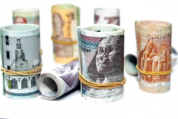Egipto Dinero Rollo Libras Billetes Aislados Sobre Fondo Blanco Libras —  Fotos de Stock