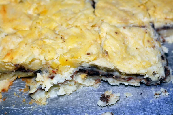 Mashed Potatoes Stuffed Minced Meat Tray Cooked Oven Selective Focus — Stock Photo, Image