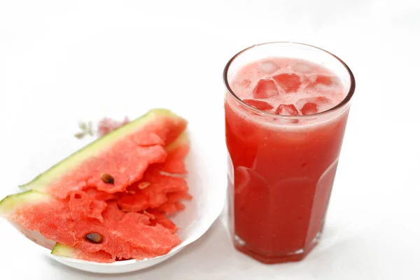 Fresh Watermelon Smoothie Juice Drink Ice Cubes Plate Full Slices — Stockfoto