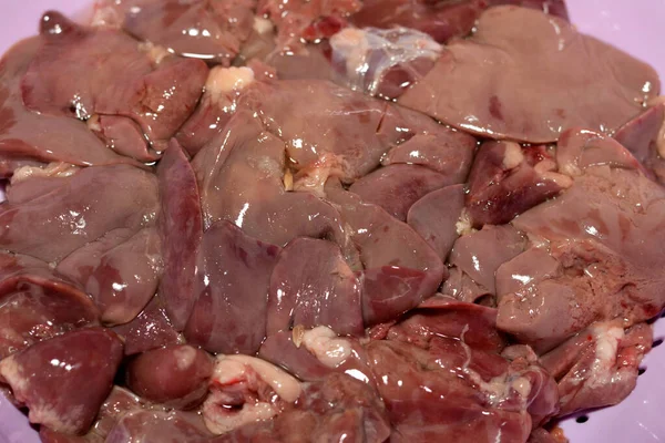 Raw Chicken Livers Hearts Selective Focus Fresh Liver Heart Chickens —  Fotos de Stock