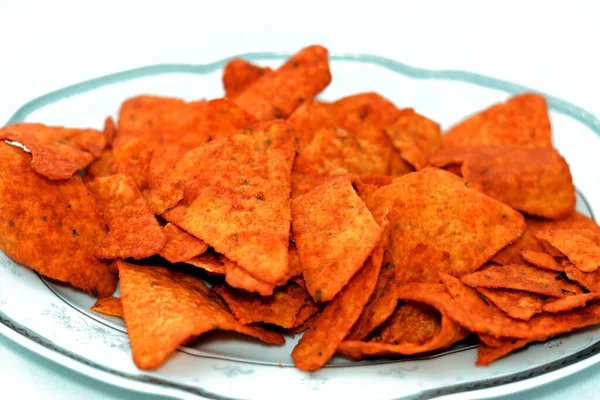 Pile Flavored Tortilla Chips Made Corn Tortillas Cut Triangles Fried — Stock Photo, Image